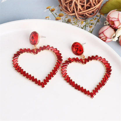 Red Crystal and 18K Gold-Plated Open Heart Drop Earrings, gold drop earrings for women, elegant gift for her, side view