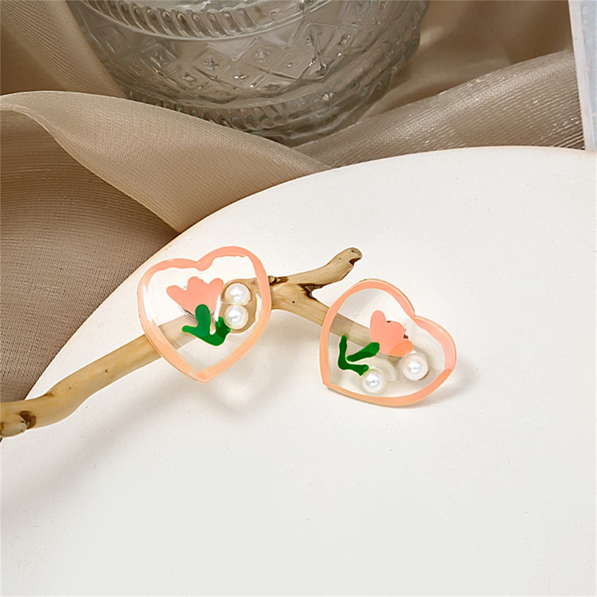 Pearl and Pink Tulip Heart Stud Earrings, stud earrings for women, dainty minimalist design, side view