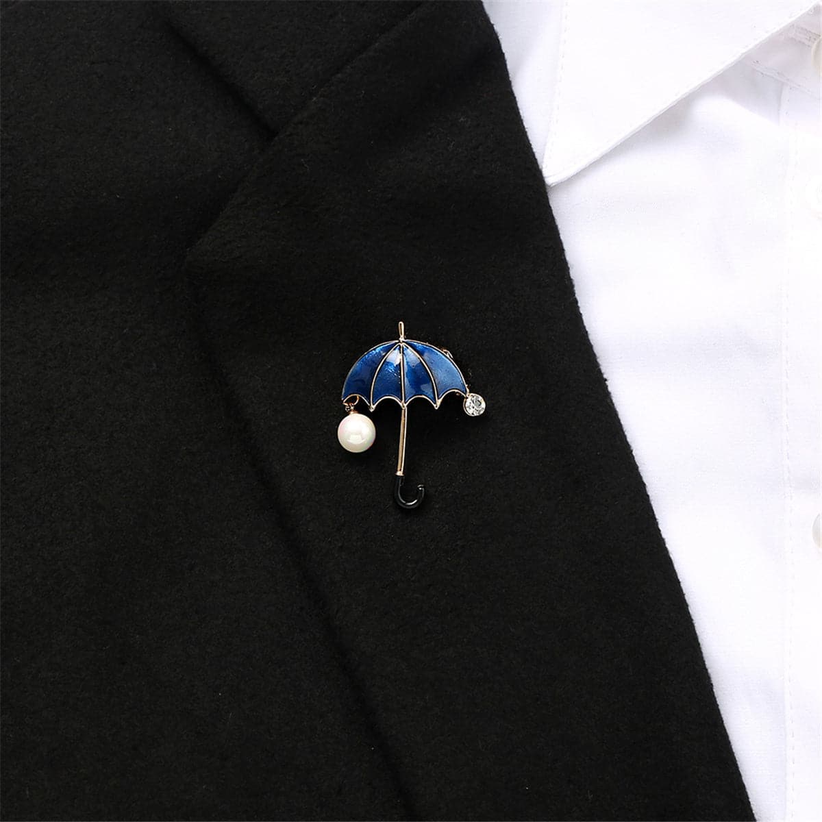 Dark Blue Enamel & Cubic Zirconia 18K Gold-Plated Umbrella Brooch