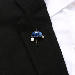 Dark Blue Enamel & Cubic Zirconia 18K Gold-Plated Umbrella Brooch