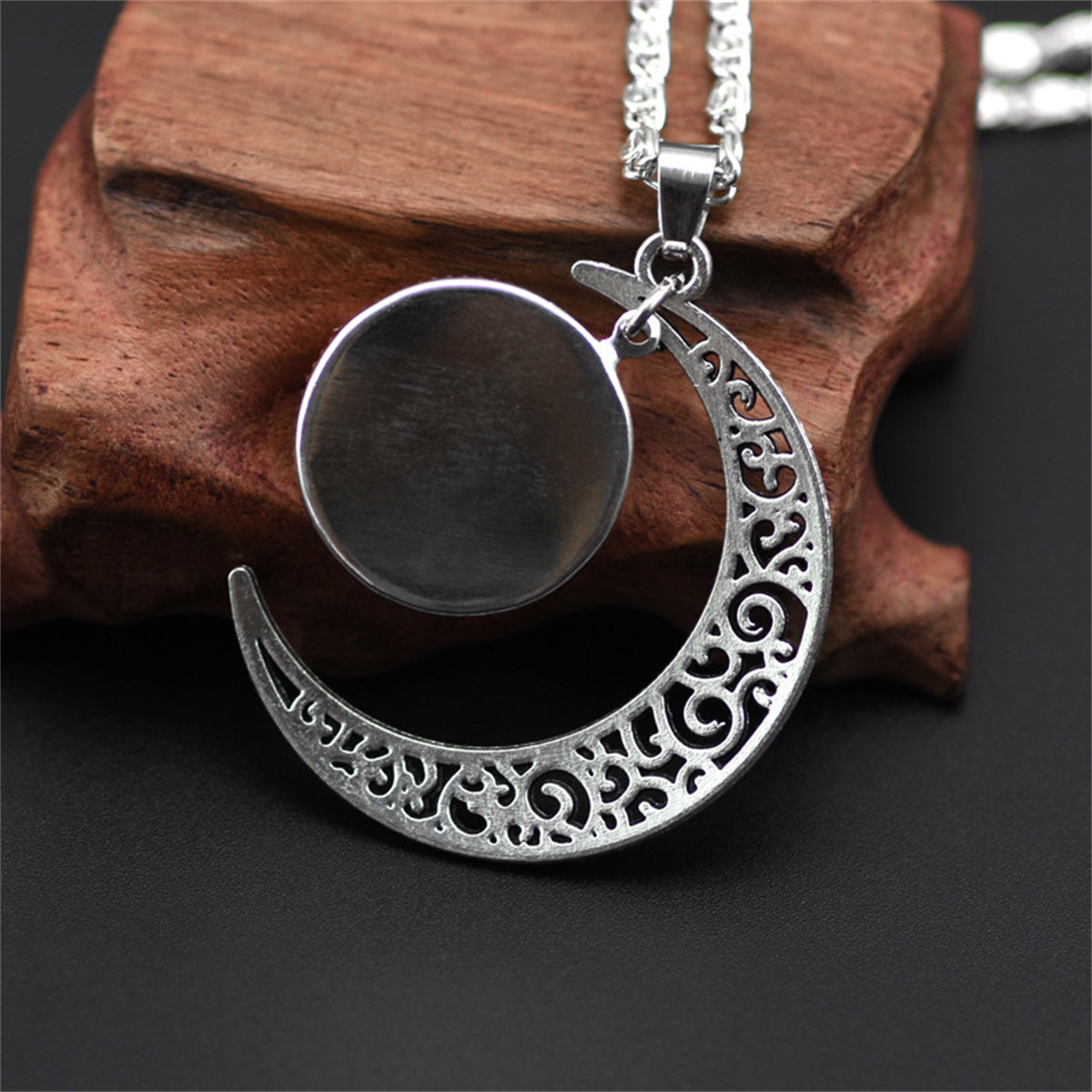 Red Pressed Flower and Silver-Plated Filigree Moon Pendant Necklace, silver pendant necklace for women, side view