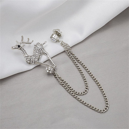 Cubic Zirconia and Silver-Plated Reindeer Chain Brooch, silver brooch pin, dainty minimalist design, front view