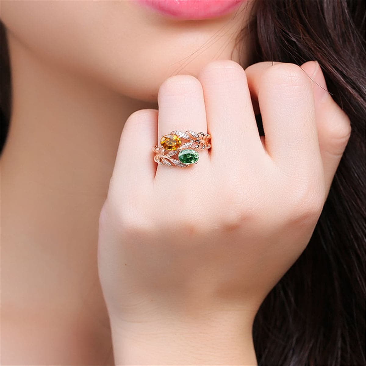 Pink & Green Crystal & Cubic Zirconia Floral Ring