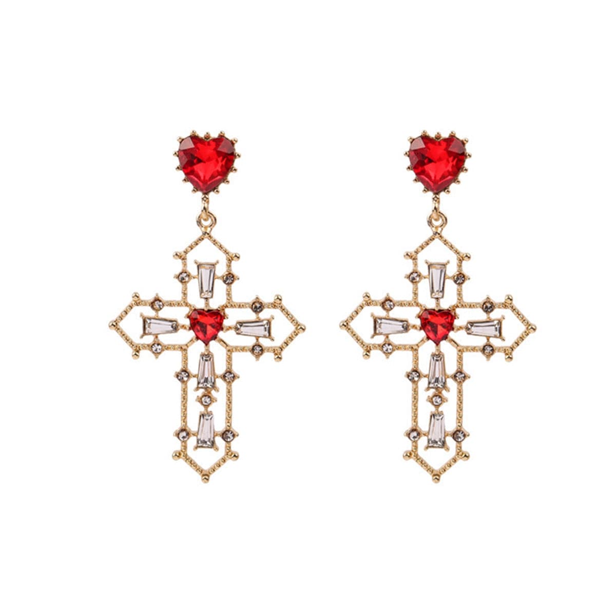 Cubic Zirconia & Crystal 18K Gold-Plated Heart Cross Dangle Earrings
