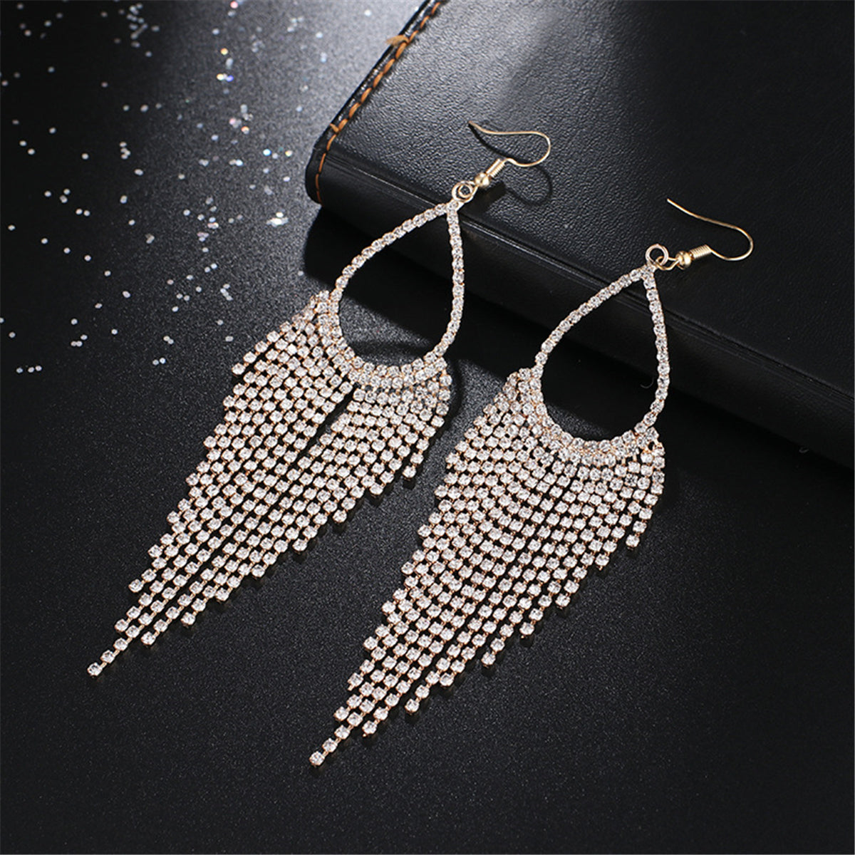 Cubic Zirconia and 18K Gold-Plated Open Tassel Drop Earrings, gold drop earrings for women, everyday style, front view