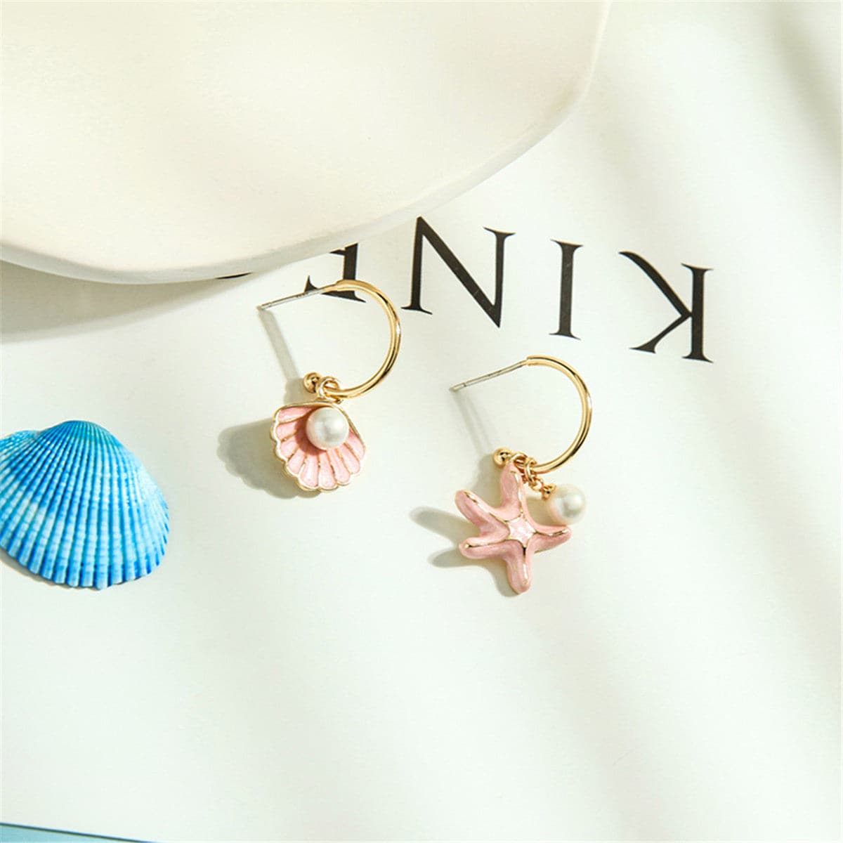 Red Enamel and Pearl 18K Gold-Plated Shell and Starfish Drop Earrings, gold drop earrings for women, detail close-up