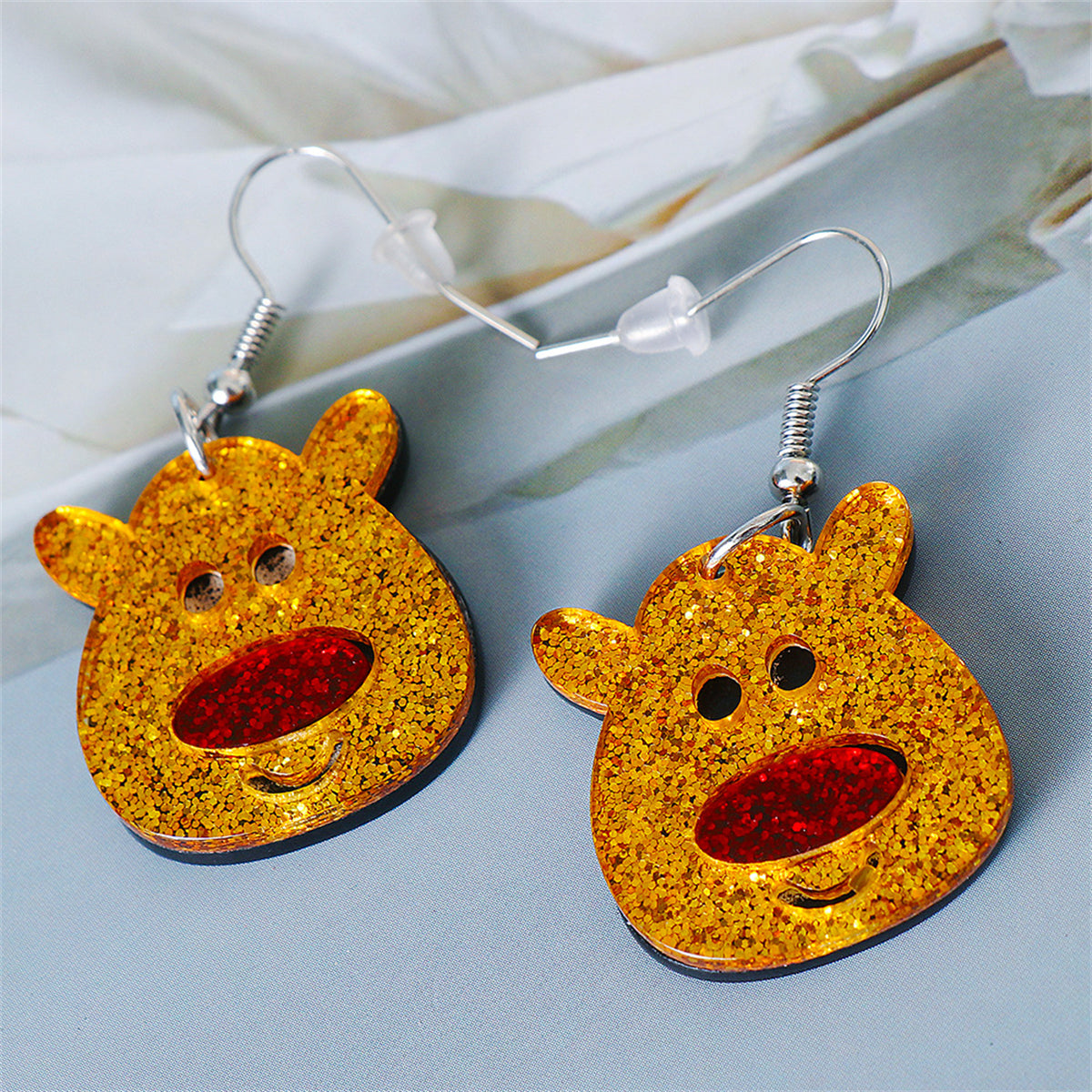 Yellow and Red Glitter Reindeer Face Drop Earrings, drop earrings for women, elegant gift for her, lifestyle look