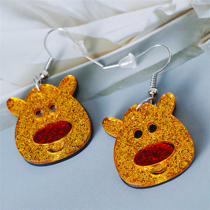 Yellow and Red Glitter Reindeer Face Drop Earrings, drop earrings for women, elegant gift for her, lifestyle look