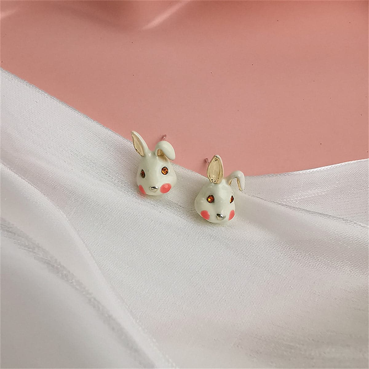White Enamel and 18K Gold-Plated Rabbit Stud Earrings, gold stud earrings for women, elegant gift for her, detail close-up