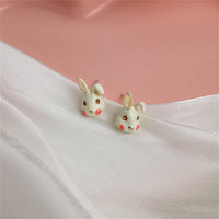 White Enamel & Goldtone Rabbit Stud Earrings