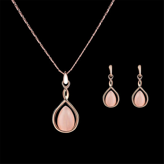 Pink and 18K Rose Gold-Plated Pear Pendant Necklace and Drop Earrings, rose gold drop earrings for women, front view