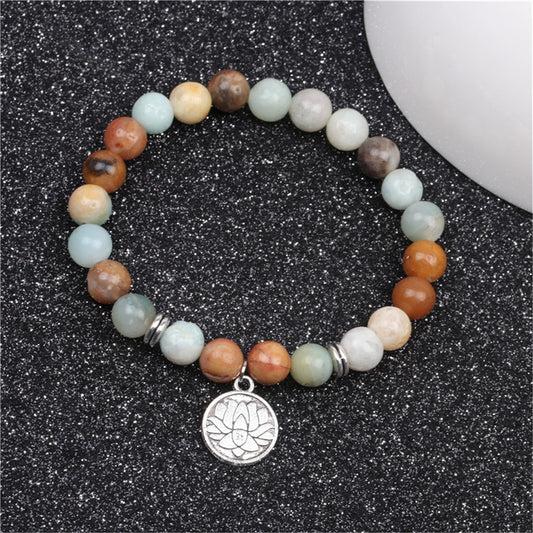 Earth-Tone Agate and Silver-Plated Lotus Charm Beaded Stretch Bracelet, silver bracelet for women, front view