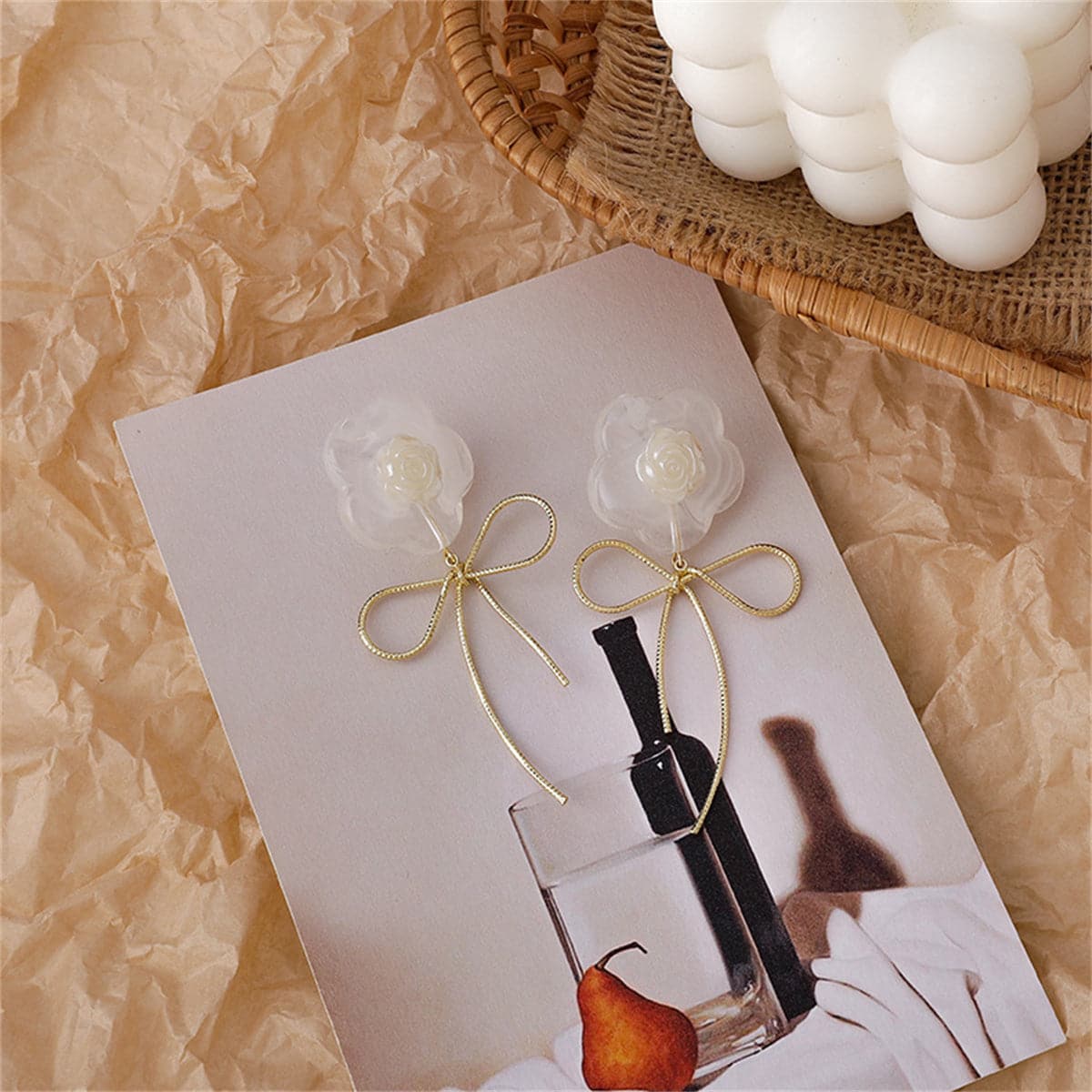 White Resin and 18K Gold-Plated Flower Bow Drop Earrings, gold drop earrings for women, everyday style, side view