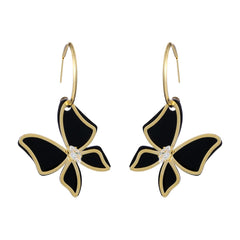 Cubic Zirconia & Black Acrylic Overlay Butterfly Drop Earrings