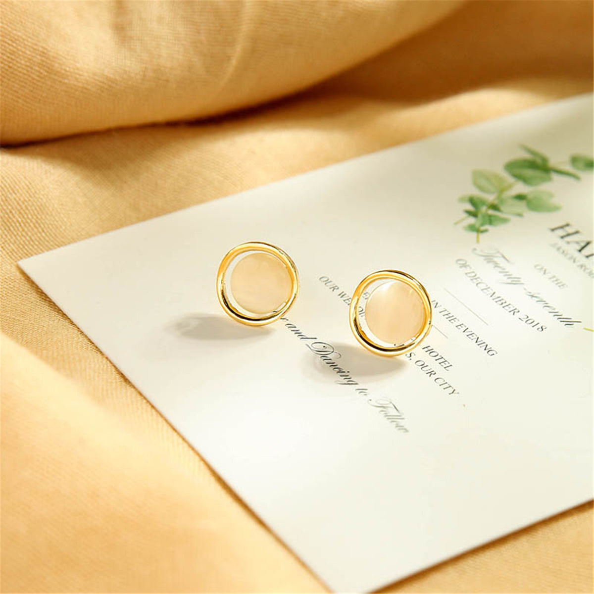 Cat's Eye and 18K Gold-Plated Stud Earrings, gold stud earrings for women, dainty minimalist design, detail close-up