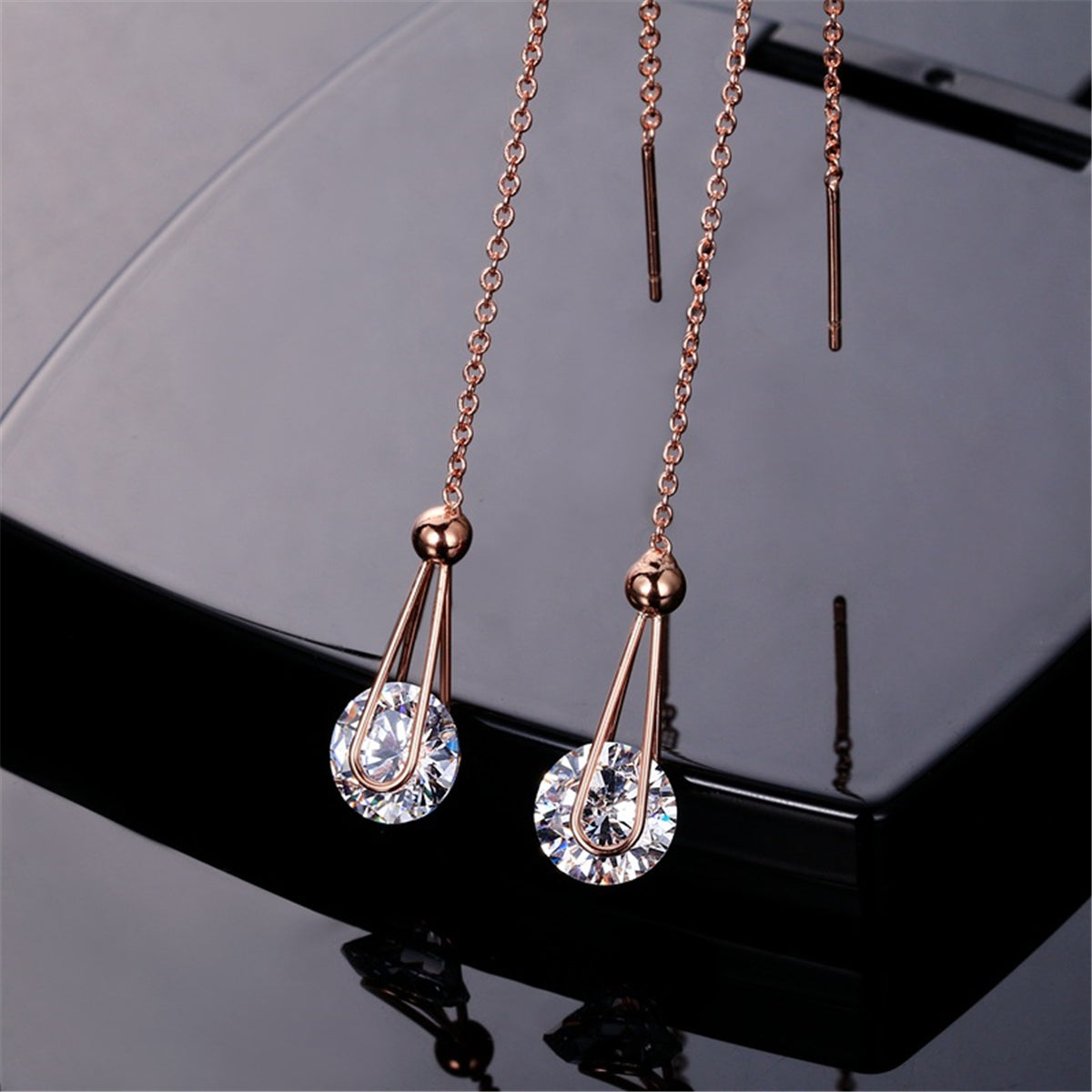 Cubic Zirconia & 18K Rose Gold-Plated Threader Earrings