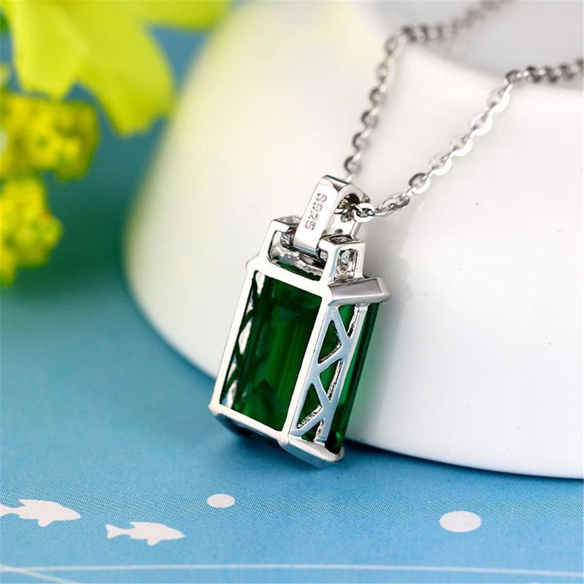 Green Crystal & cubic zirconia Emerald-Cut Pendant Necklace - streetregion