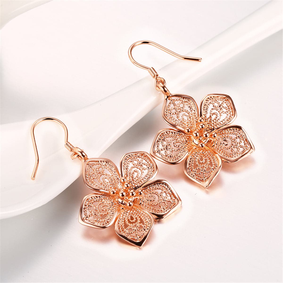 Rose Goldtone Filigree Flower Drop Earrings - streetregion