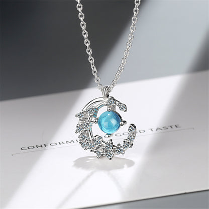 Blue Crystal and Cubic Zirconia Crescent Moon Pendant Necklace, pendant necklace for women, front view