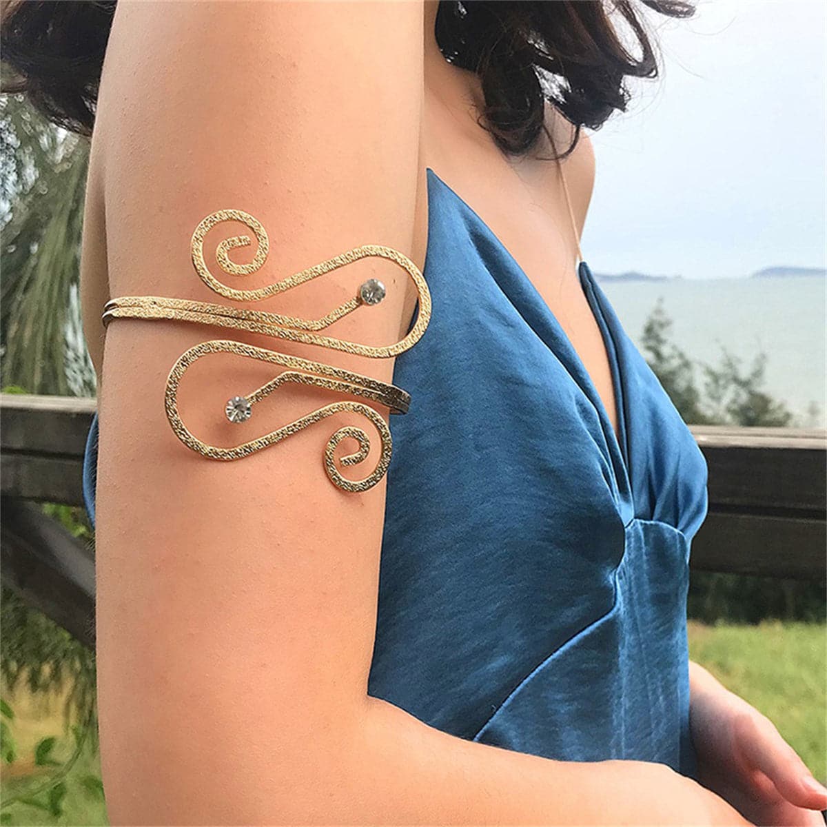 Cubic Zirconia and 18K Gold-Plated Frosted Geometric Arm Cuff, botanical inspired, front view