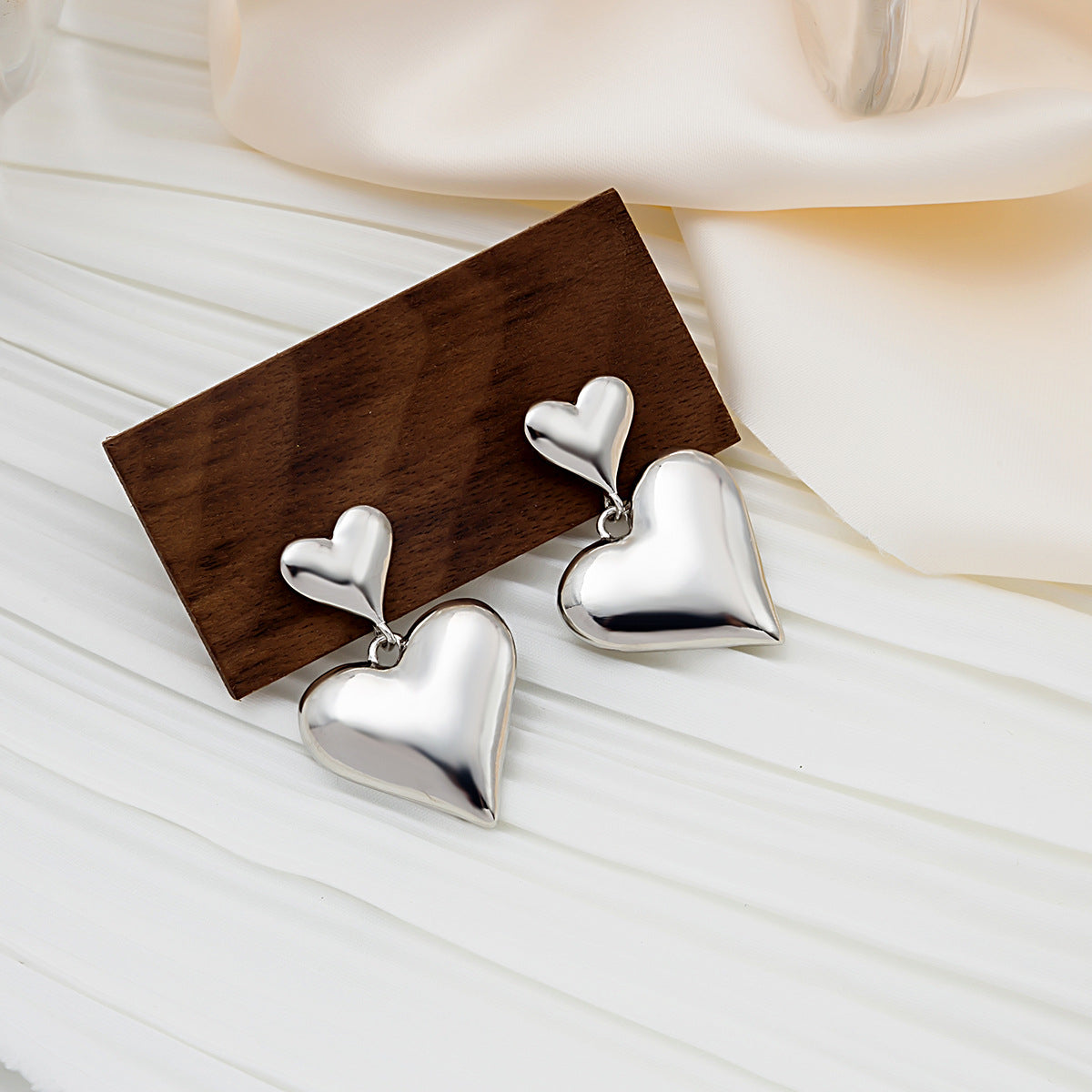 Silver-Plated Double Heart Drop Earrings, silver drop earrings for women, everyday style, front view