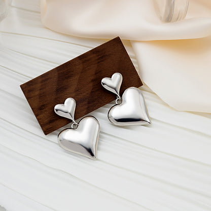 Silver-Plated Double Heart Drop Earrings, silver drop earrings for women, everyday style, front view