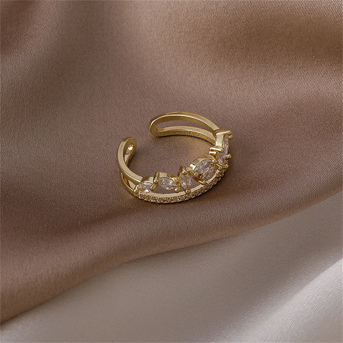 Cubic Zirconia & Crystal 18K Gold-Plated Clustered Marquise Adjustable Band Ring