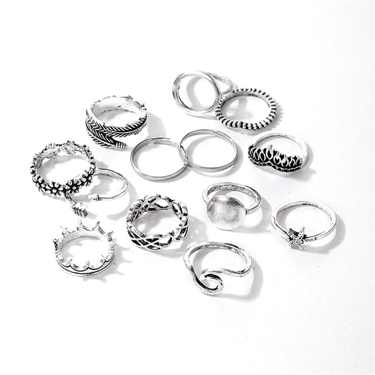 Silver-Plated Leaf Crown Wave 13-Piece Ring Set