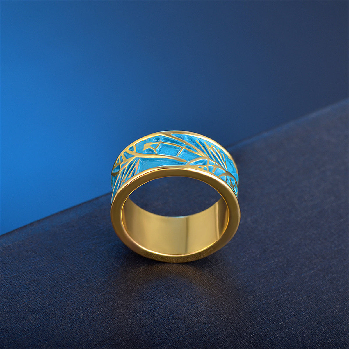 Blue Enamel and 18K Gold-Plated Branch Band Ring, gold statement rings for women, botanical inspired, lifestyle look