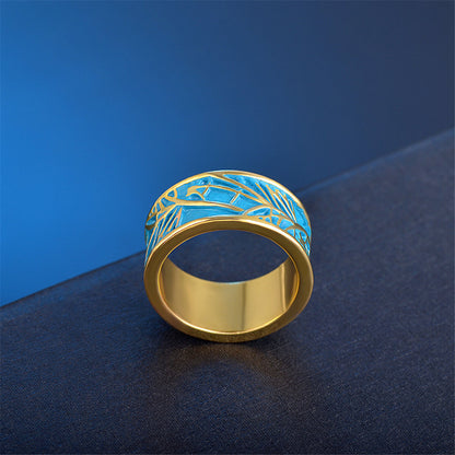 Blue Enamel and 18K Gold-Plated Branch Band Ring, gold statement rings for women, botanical inspired, lifestyle look