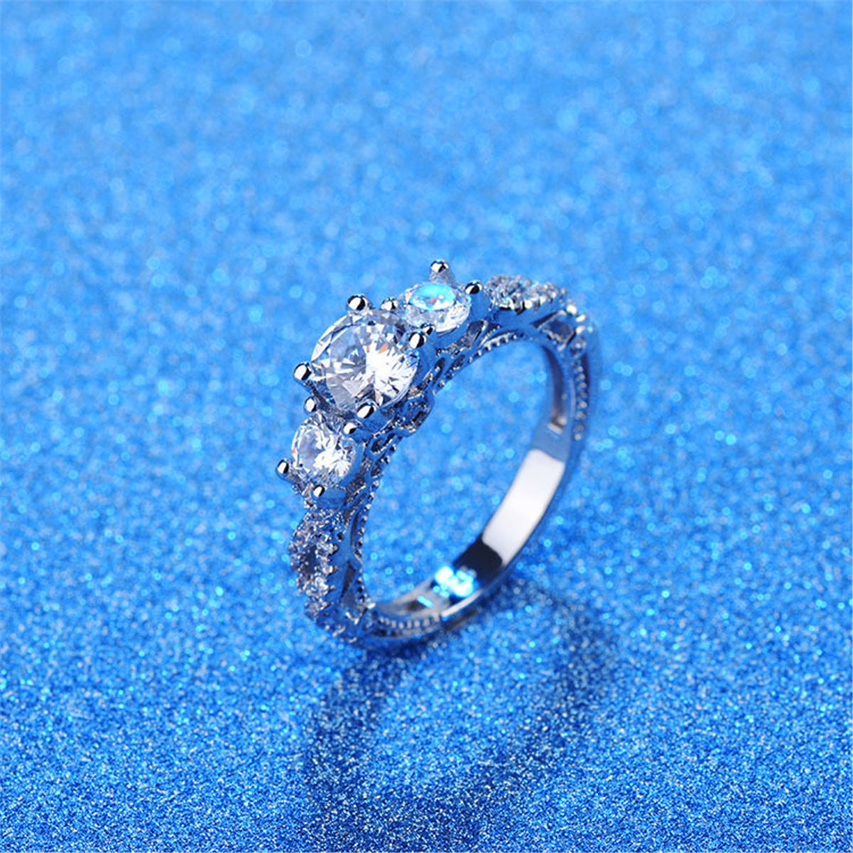 Crystal and Cubic Zirconia Three-Link Ring, statement rings for women, botanical inspired, side view