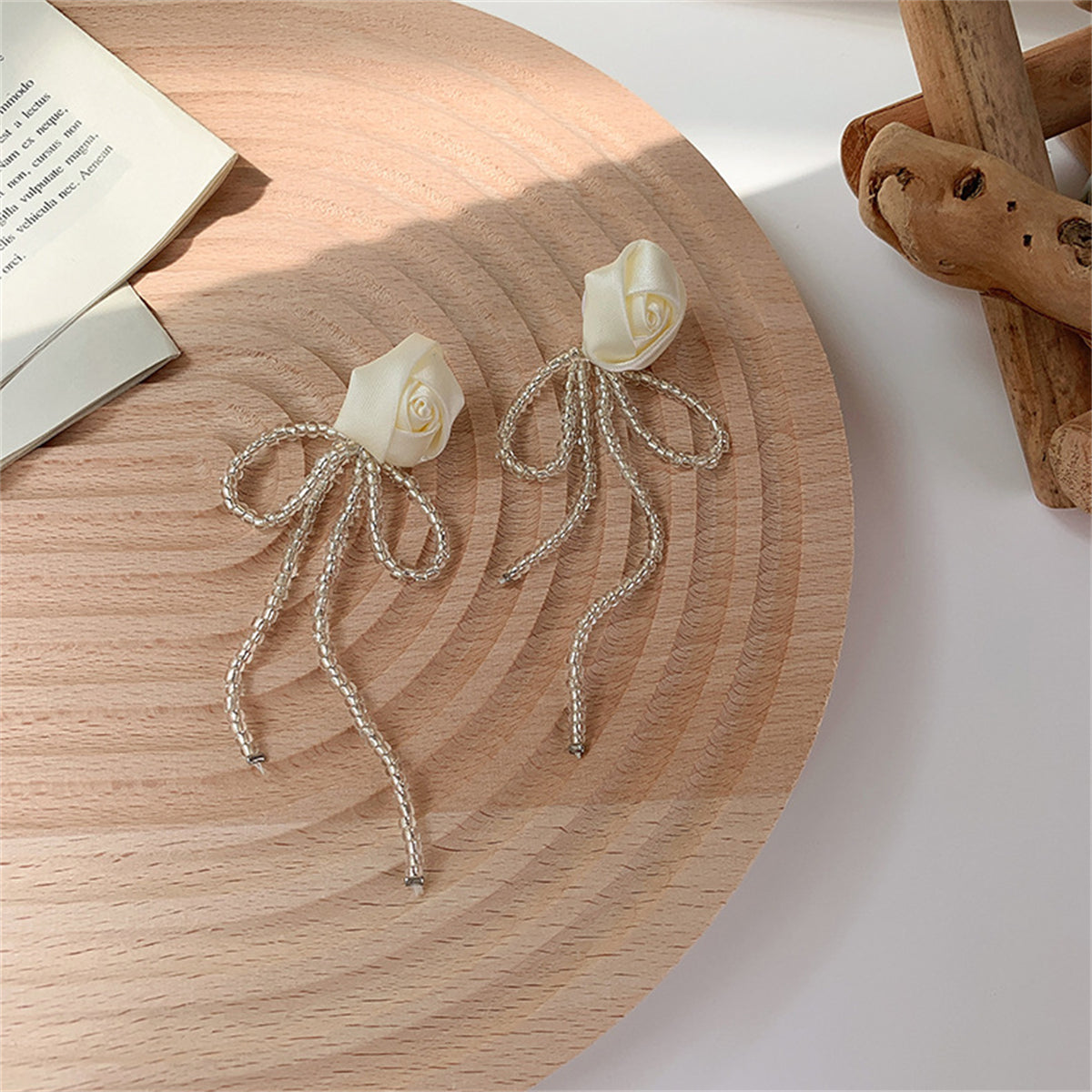 White Textile and Acrylic Rosette Beaded Tassel Drop Earrings, drop earrings for women, elegant gift for her, detail close-up