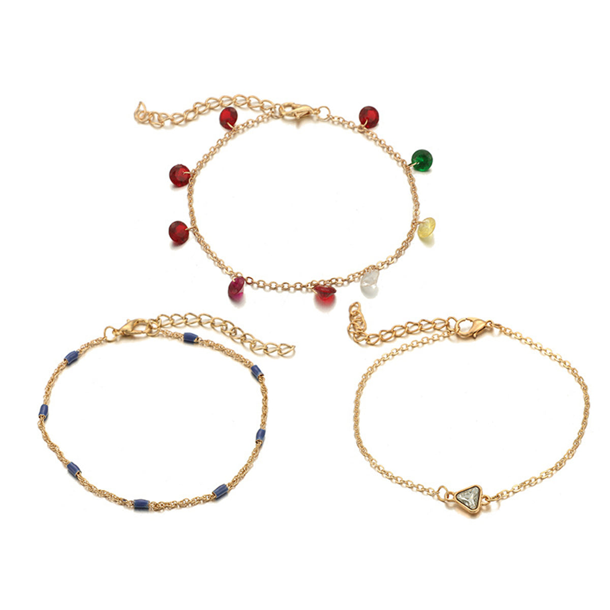 Cubic Zirconia & 18K Gold-Plated Triangle Charm Anklet Set