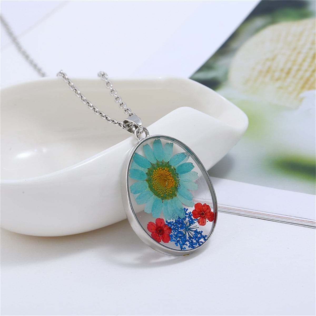 Blue and Red Pressed Flower Oval Pendant Necklace, pendant necklace for women, elegant gift for her, front view