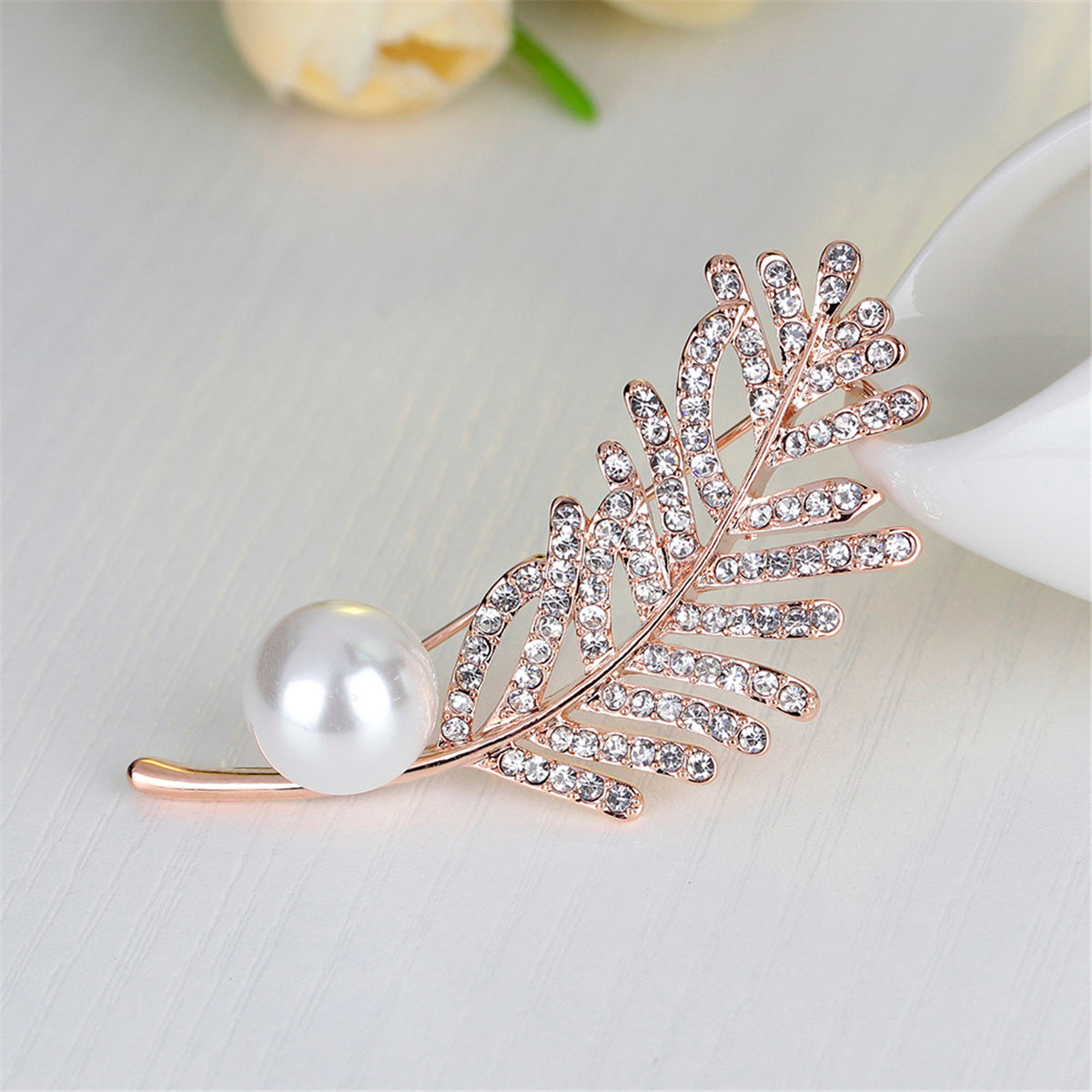 Cubic Zirconia and Pearl 18K Gold-Plated Leaf Brooch, gold brooch pin, vintage-inspired design, side view