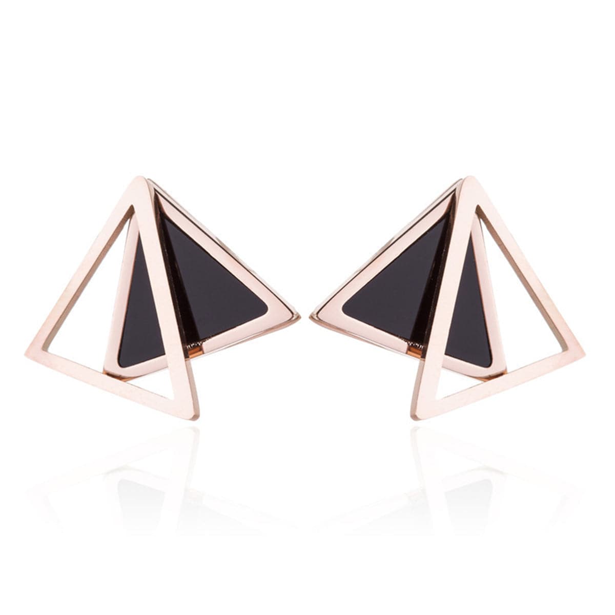 18K Rose Gold-Plated Double Triangle Stud Earrings, rose gold stud earrings for women, dainty minimalist design, side view