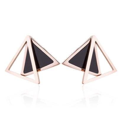 18K Rose Gold-Plated Double Triangle Stud Earrings, rose gold stud earrings for women, dainty minimalist design, side view