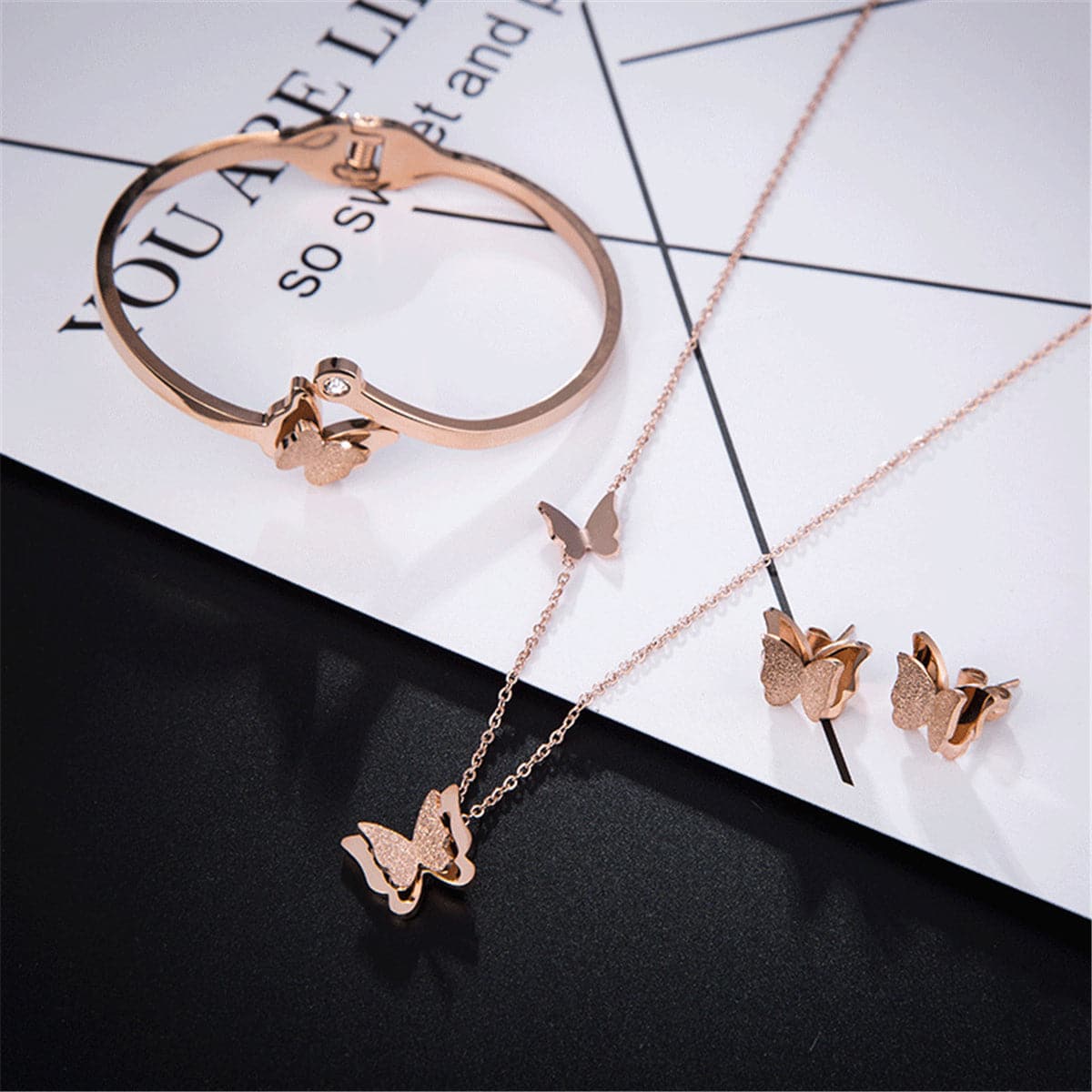 cubic zirconia & 18k Rose Gold-Plated Frosted Butterfly Bangle - streetregion