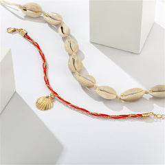 Red Polyster & 18K Gold-Plated Shell-Charm & Scallop Anklet Set