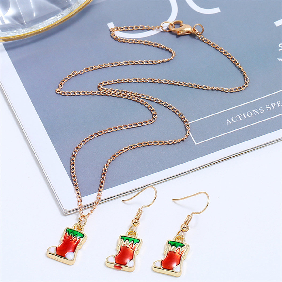 Red Enamel and 18K Gold-Plated Stocking Pendant Necklace and Drop Earrings, gold drop earrings for women, side view