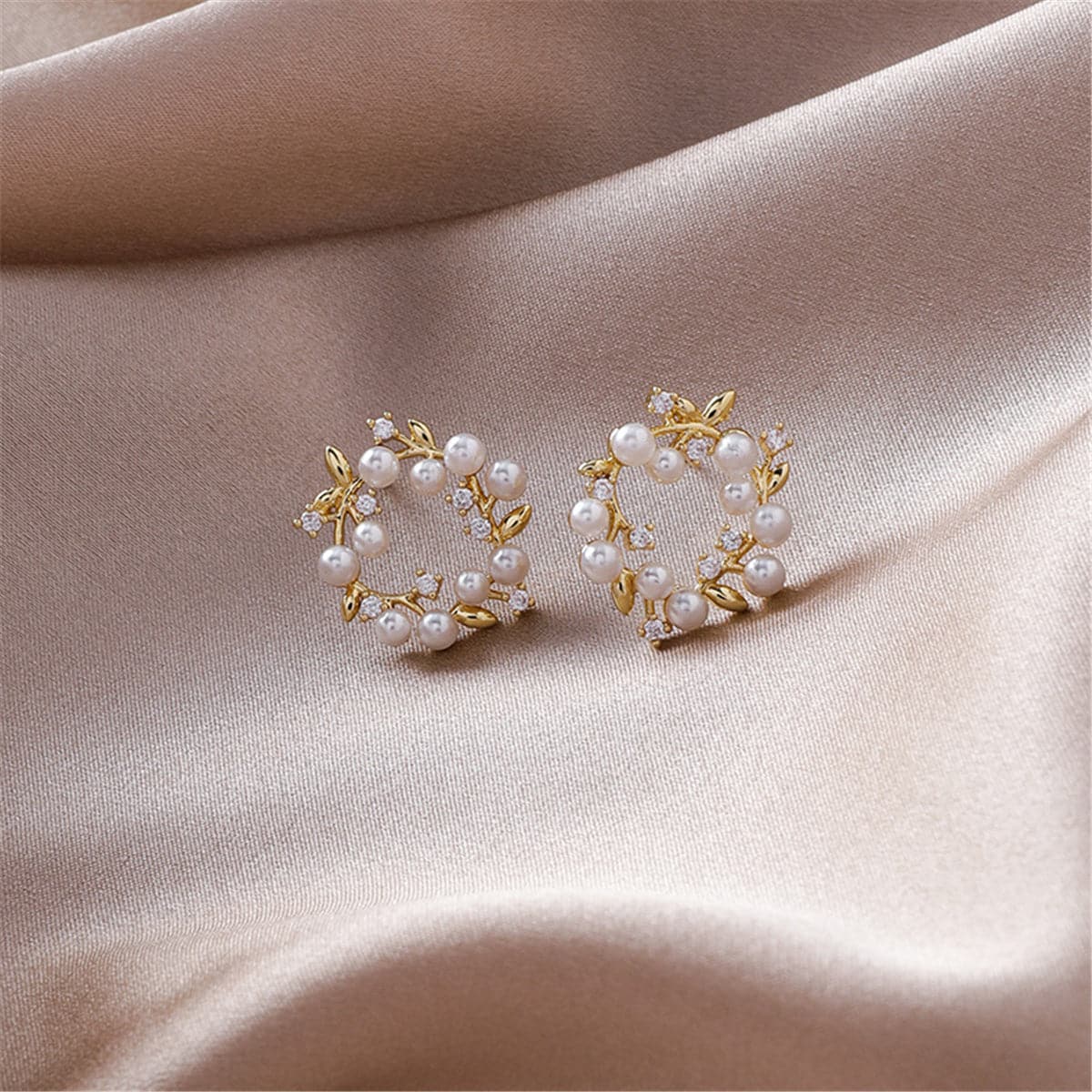 Pearl and Cubic Zirconia Botanical Wreath Stud Earrings, stud earrings for women, dainty minimalist design, detail close-up