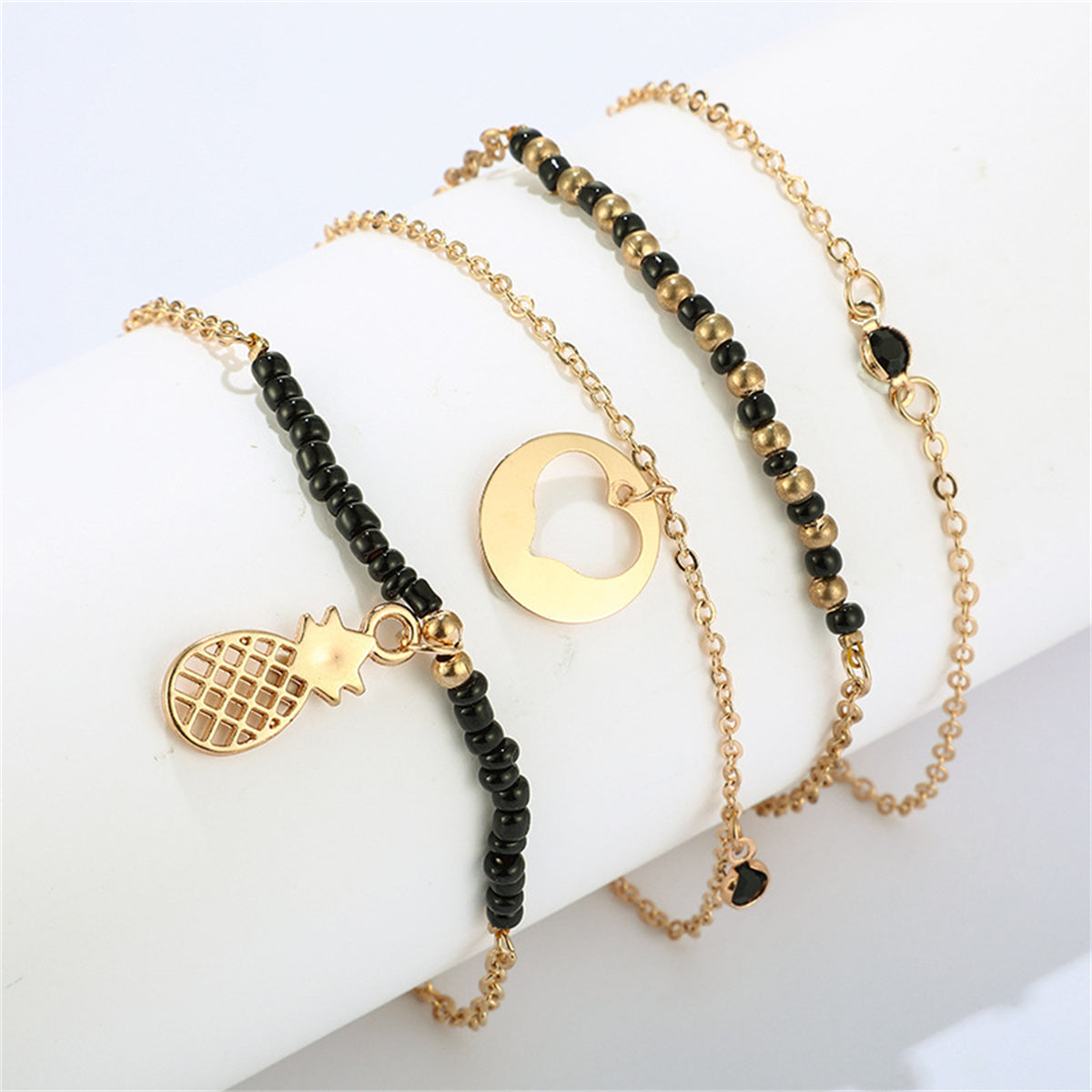 Black Cubic Zirconia & Acrylic 18K Gold-Plated Pineapple Charm Anklet Set