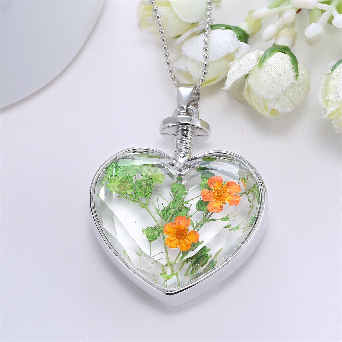 Pressed Peach Blossom and Silver-Plated Heart Pendant Necklace, silver pendant necklace for women, detail close-up