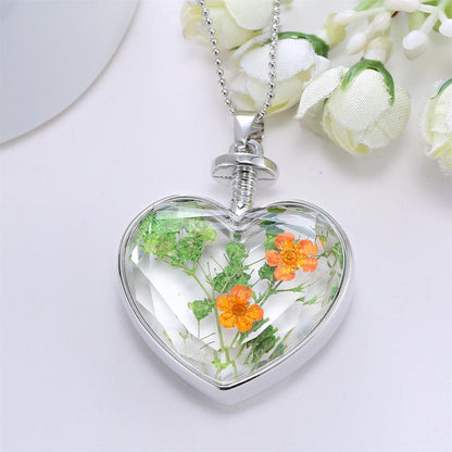 Pressed Peach Blossom and Silver-Plated Heart Pendant Necklace, silver pendant necklace for women, detail close-up