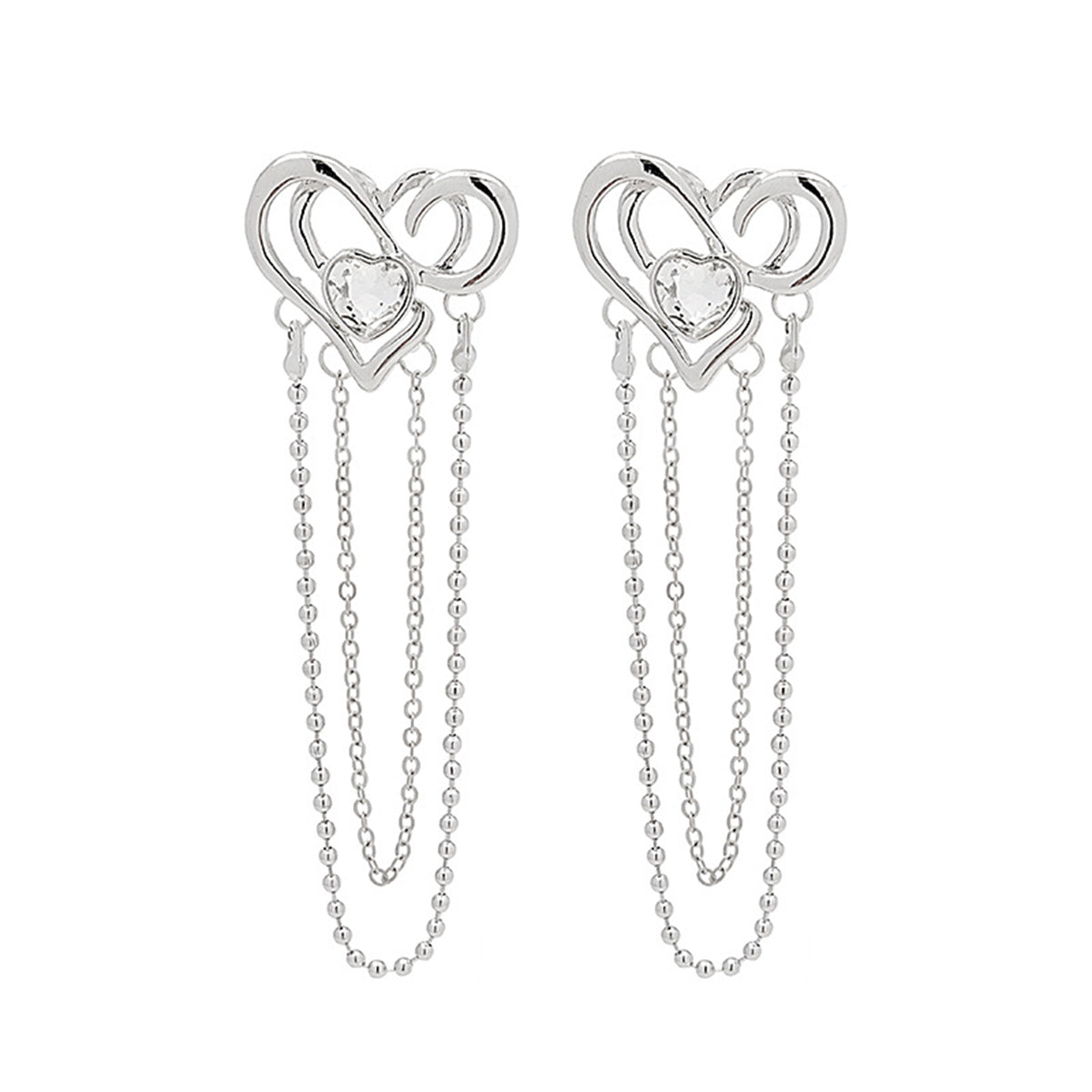 Cubic Zirconia & Silver-Plated Heart Layered Chain Drop Earrings