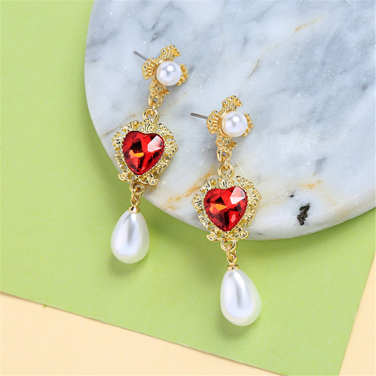 Pearl and Red Crystal 18K Gold-Plated Heart Drop Earrings, gold drop earrings for women, vintage-inspired design, side view