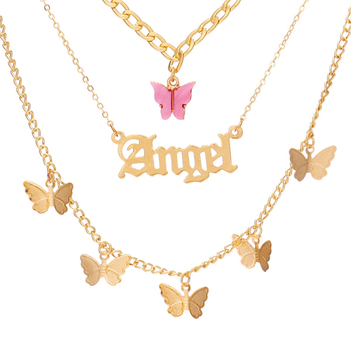 Pink Acrylic and 18K Gold-Plated Butterfly 'Angel' Layer Pendant Necklace, gold pendant necklace for women, side view