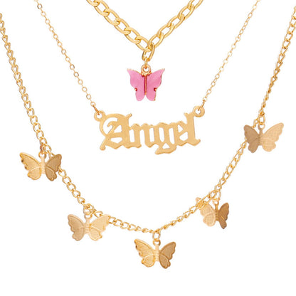 Pink Acrylic and 18K Gold-Plated Butterfly 'Angel' Layer Pendant Necklace, gold pendant necklace for women, side view