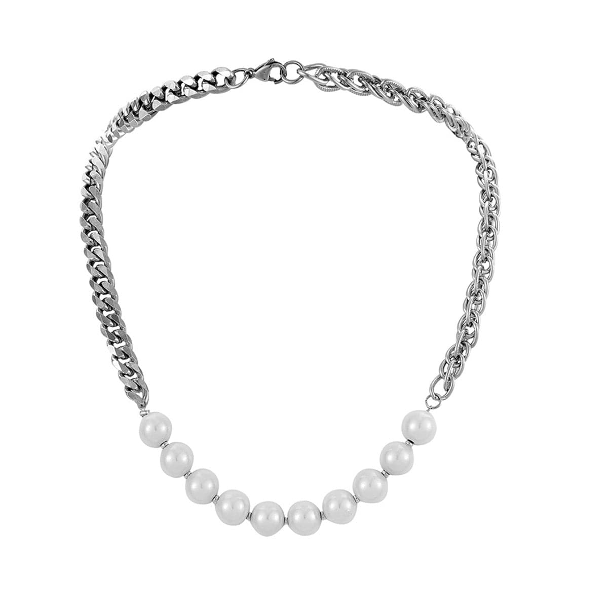 Pearl and Silver-Plated Curb Chain Necklace, silver pendant necklace for women, botanical inspired, side view