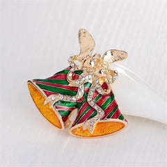 Cubic Zirconia & 18K Gold-Plated Christmas Bells Brooch